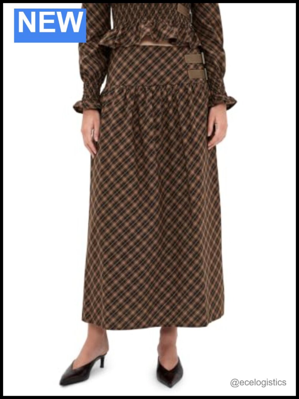 Checkered Midi Skirt with Buckle Accent, 100% Cotton Poplin
